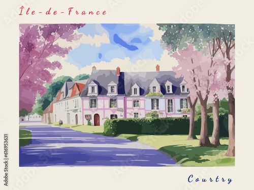 Courtry: Postcard design with a scene in France and the city name Courtry