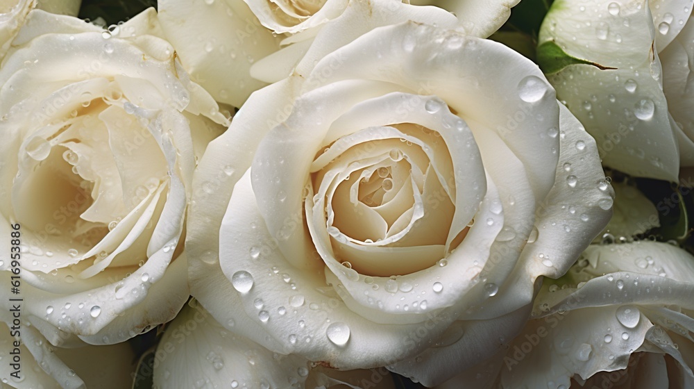 Cute White Roses White Roses flowers with water drops background. Closeup of blossom ...