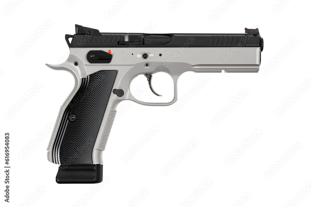 Modern silver semi-automatic pistol. A short-barreled weapon for self-defense. A small weapon for concealed carry. Isolate on a white back.