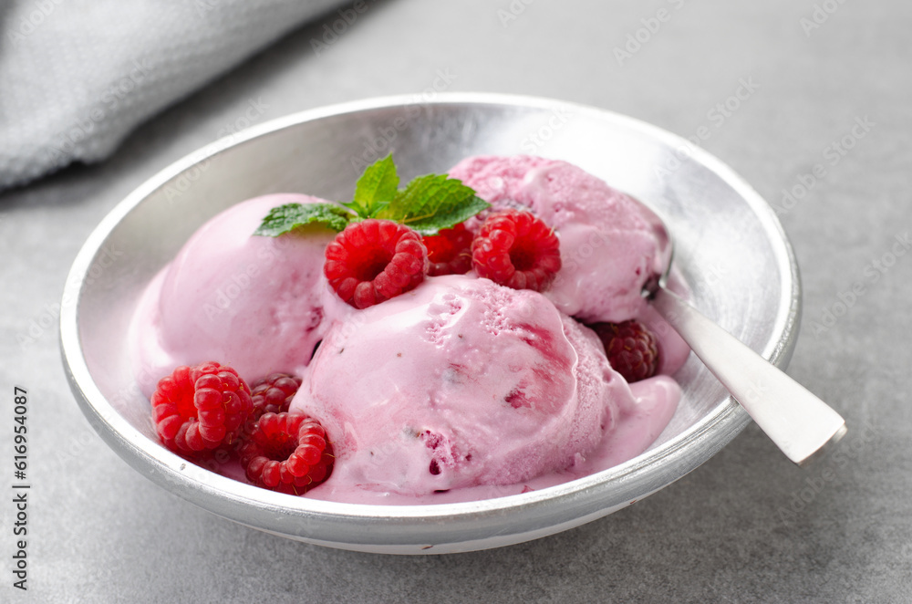 Delicious Raspberry Ice Cream in a Bowl, Summer Dessert Delicious Raspberry Ice Cream in a Bowl, Summer Dessert