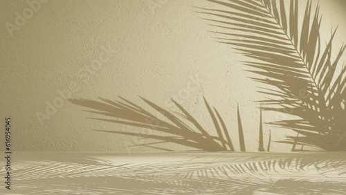 Light orange textured wall with palm frond shadow waving in wind on back
