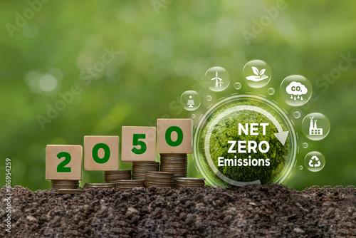 Net Zero Emissions by 2050. Carbon neutral.natural environment A climate-neutral long-term strategy greenhouse gas emissions targets. Sustainable environment development goals.