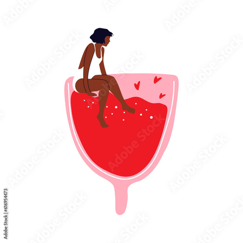 Women swim in menstrual cup. Girl having menstrual period, menstruation, premenstrual syndrome, PMS, female reproductive system.