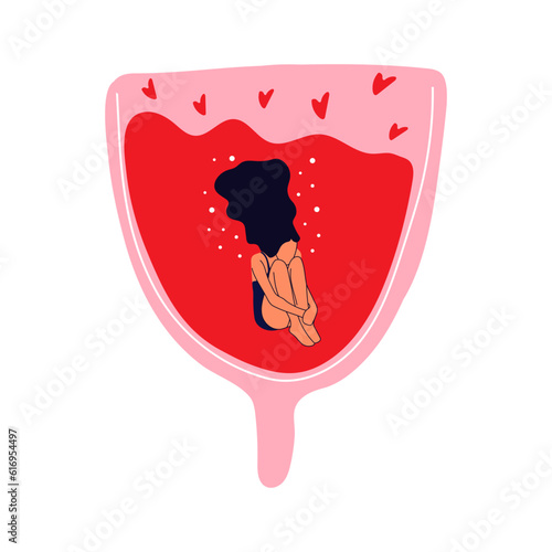 Women swim in menstrual cup. Girl having menstrual period, menstruation, premenstrual syndrome, PMS, female reproductive system.