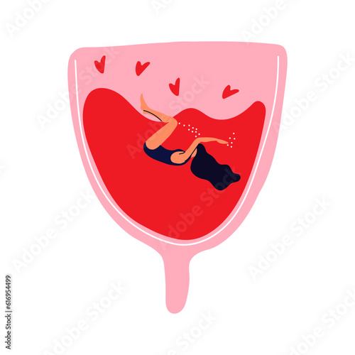Women swim in menstrual cup. Girl having menstrual period, menstruation, premenstrual syndrome, PMS, female reproductive system.