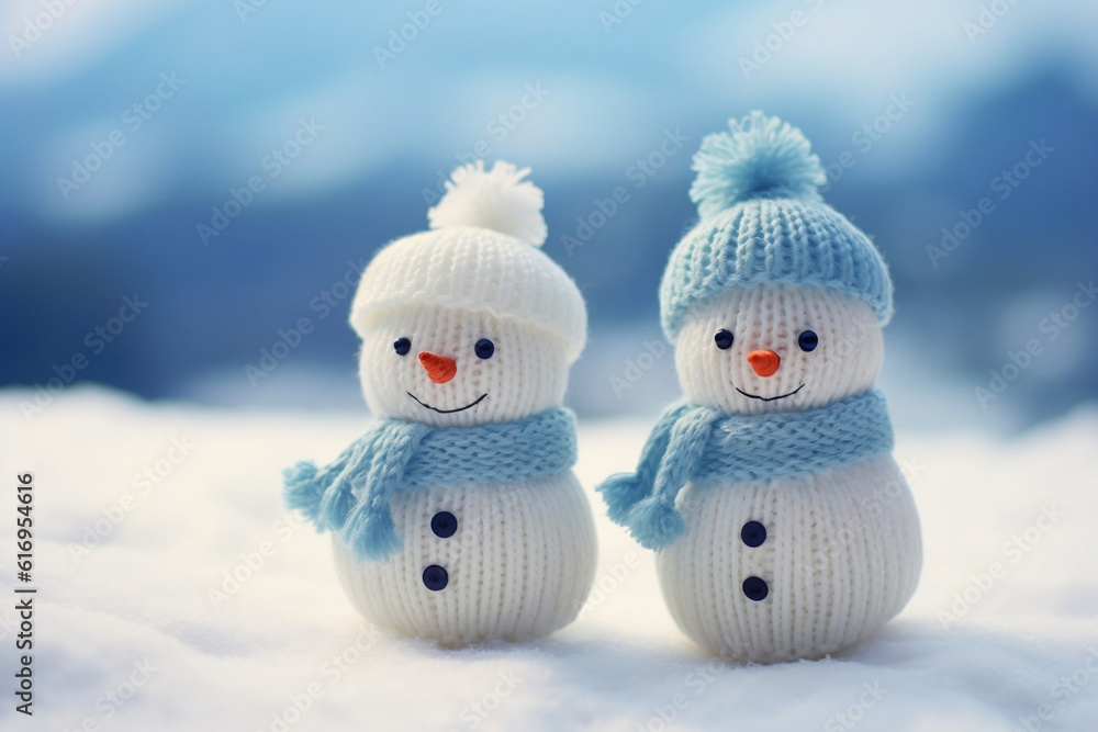 little knitted snowmen on soft snow on blue background little knitted snowmen on soft snow on blue background
