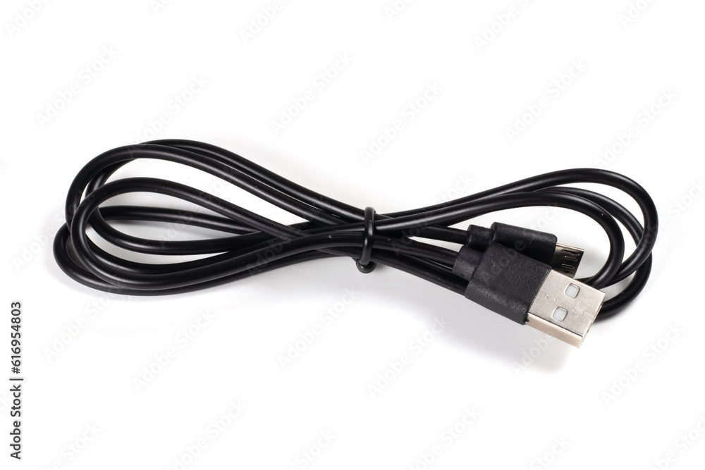 Close-up of a USB cable with standard A and micro-USB standard B connectors isolated on a white background. Close-up of a USB cable with standard A and micro-USB standard B connectors isolated on a white background.
