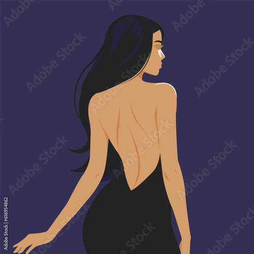 Vector illustration, pretty young woman with long dark hair in elegant sexy dress with bare back and shoulders.
