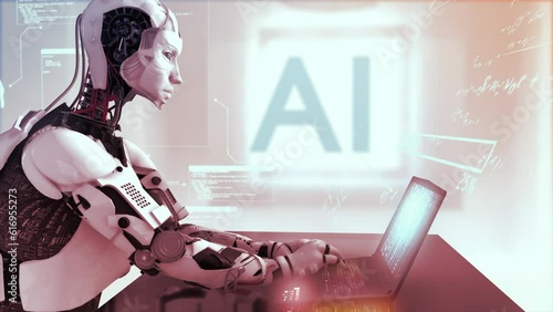 High quality 3D CGI profile shot of an Artificial Intelligence humaniod robot at a laptop computer in a virtual AI environment with data and equations floating around him - hot red color scheme photo