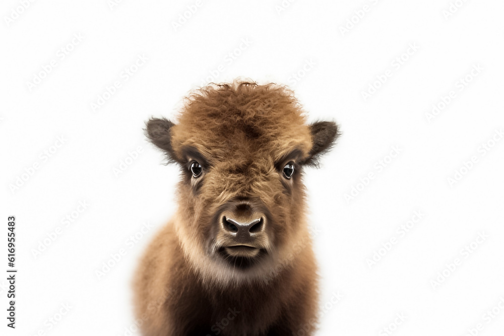 A baby bison, bathed in soft studio light, captivates with its adorable presence on a pristine white backdrop. Generative AI.