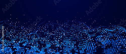 Abstract blue background of points. Falling cyber particles. Big data stream. 3d rendering