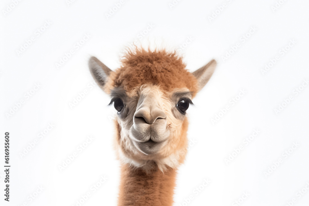 On a minimalist white background, a baby camel shines under the gentle glow of studio light, emanating pure joy. Generative AI.
