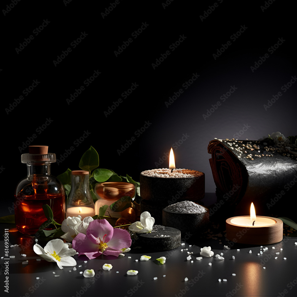 Beautiful spa composition on dark background. Natural skincare cosmetic products. AI generated Beautiful spa composition on dark background. Natural skincare cosmetic products. AI generated