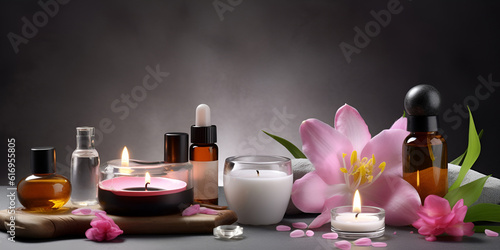 Beautiful spa composition on dark background. Natural skincare cosmetic products. AI generated