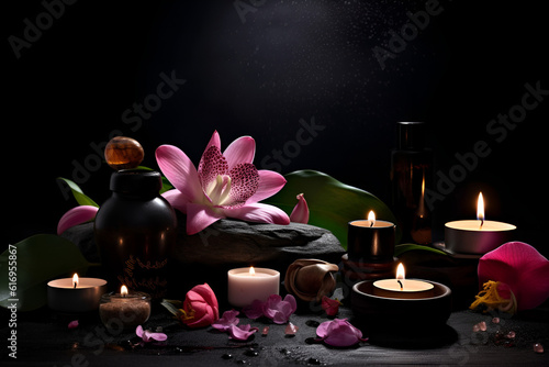 Beautiful spa composition on dark background. Natural skincare cosmetic products. AI generated