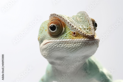 In the spotlight of studio light  a baby chameleon showcases its cuteness against a pristine white background. Generative AI.