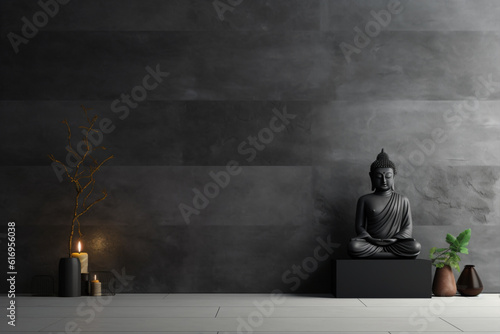 Modern design with a matte black buddha figure stone on a concrete wall