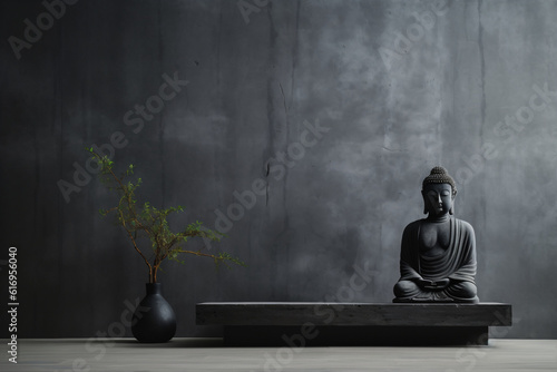 Modern design with a matte black buddha figure stone on a concrete wall