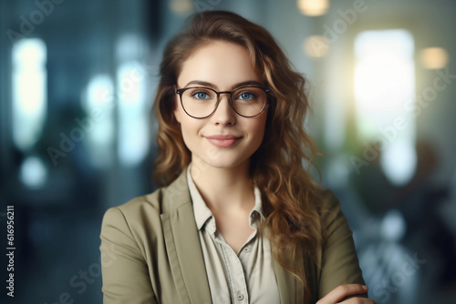A confident, businesslike, beautiful woman in glasses, who is in the office, looks at the camera, smiles. Women's business portrait.