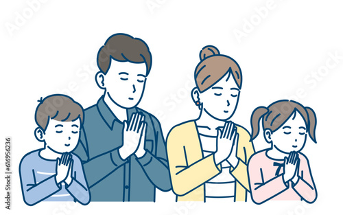 合掌、黙祷する家族のイラスト