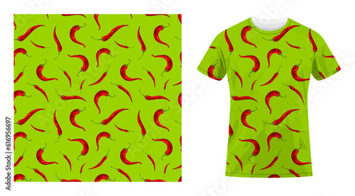 Short sleeved cotton sports t shirt decorated hot red pepper for mexican dishes. Hot chili pepper pattern. Comfortable summer clothes. Vector ornament for design of textile and fabric