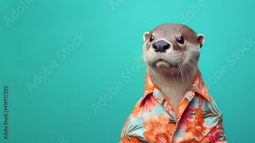 .A otter wearing a Hawaiian shirt, in front of a blue background. Generative AI
