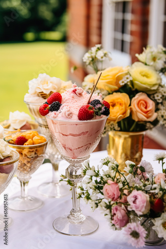 Ice cream desserts buffet table, event food catering for wedding, party and holiday celebration, ice creams and flowers decor in a floral countryside garden, generative ai