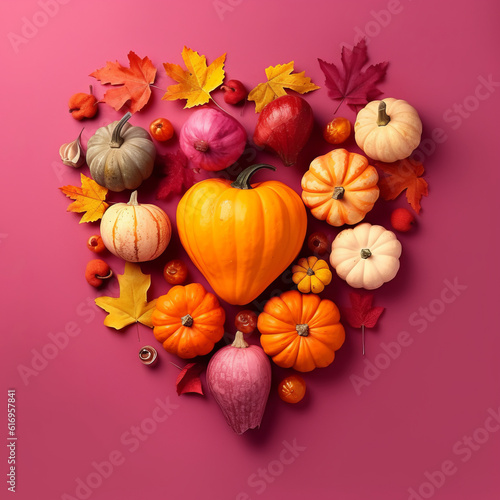 A pile of pumpkins, leaves, and autumn elements arranged in the shape of a heart on a pink background.