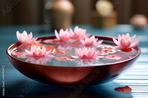 Photograph of a bowl filled with water and floating lotus flowers  symbolizing purity and meditation.