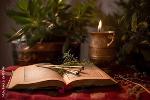  Image of an open meditation book and a burning incense stick set against a vibrant background of green plants.