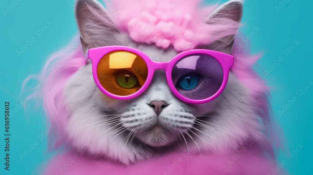Isolated cat is wearing pink and yellow sunglasses in style of eye-catching resin jewelry. Generative AI