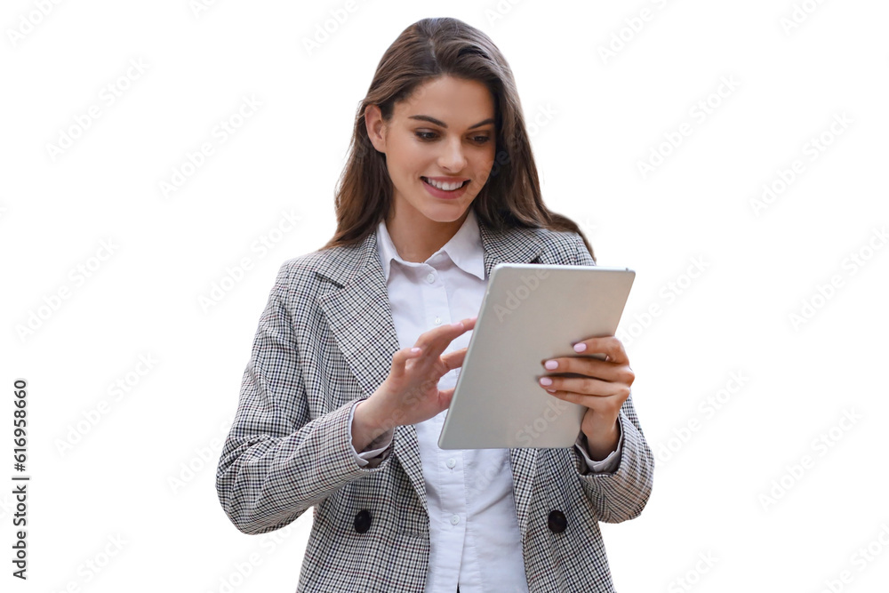 Young smiling businesswoman working on digital tablet on a transparent background Young smiling businesswoman working on digital tablet on a transparent background
