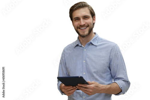 Manager use his tablet for online checking products available on a transparent background photo
