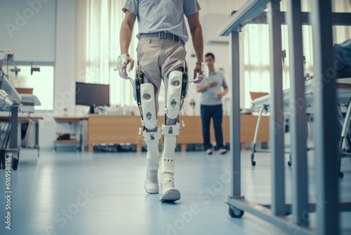 Physiotherapy in modern hospital: injured patient walks on treadmill wearing advanced robotic prosthetics. Physical therapy rehabilitation technology to enable people with disabilities to walk.