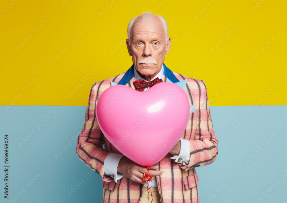 Portrait of an older male fashion icon in the vogue ad style holding heart-shaped baloon. Generative AI Portrait of an older male fashion icon in the vogue ad style holding heart-shaped baloon. Generative AI