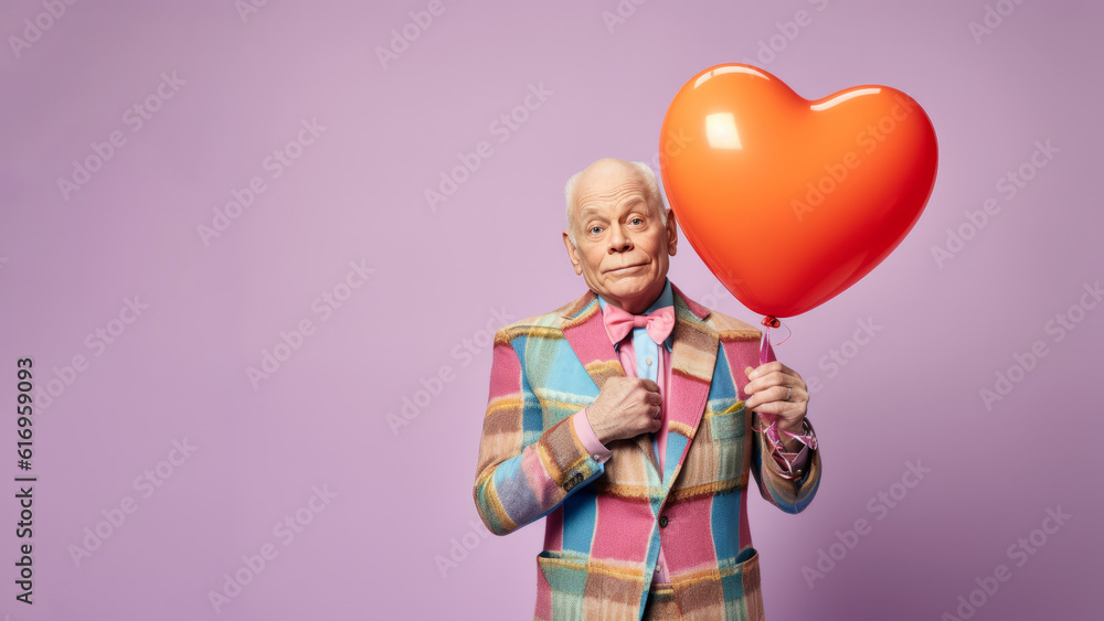 Portrait of an older male fashion icon in the vogue ad style holding heart-shaped baloon. Generative AI Portrait of an older male fashion icon in the vogue ad style holding heart-shaped baloon. Generative AI