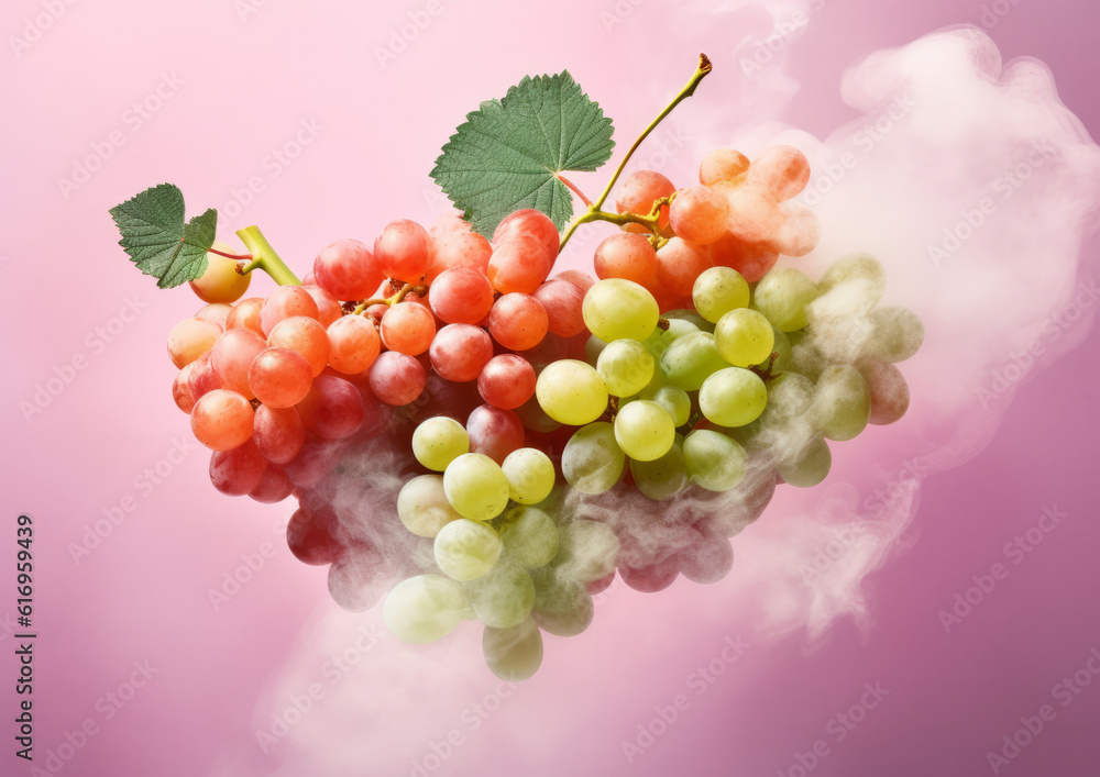 Red and white grapes floating in the air surrounded by white smoke on a purple background. Generative AI