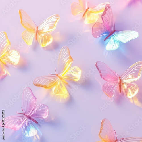 Transparent glowing butterflies in rainbow color, miimla pastel background. Generative AI © Popovo