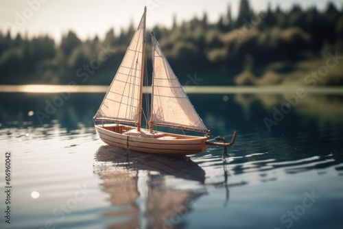 Wooden sailboat on the lake. Vintage style toned picture, Generative AI