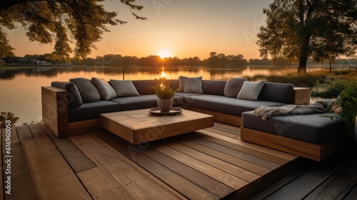 Beautiful sunset over the lake with a wooden table and a sofa, Generative AI