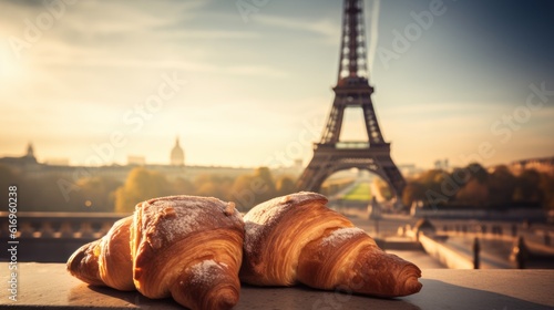 Fresh croissants on the background of the Eiffel tower in Paris, France. Generative AI © LAYHONG