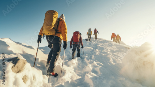 A group of climbers walk the crest of a mountain created with generative AI technology