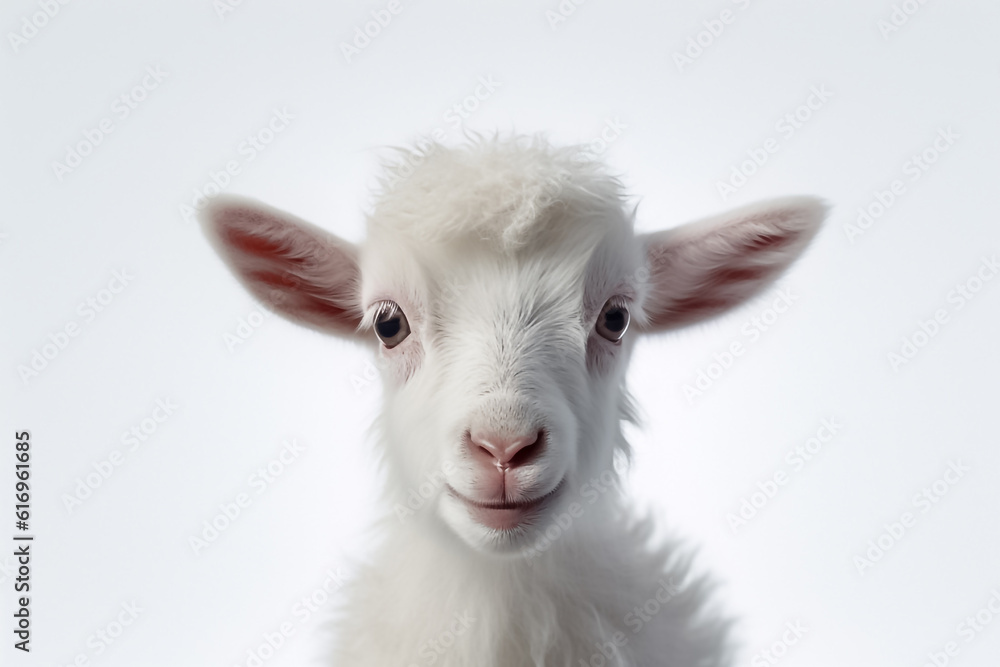 A baby goat's charm and sweetness come alive on a pristine white backdrop, embraced by the soft glow of studio light. Generative AI. A baby goat's charm and sweetness come alive on a pristine white backdrop, embraced by the soft glow of studio light. Generative AI.