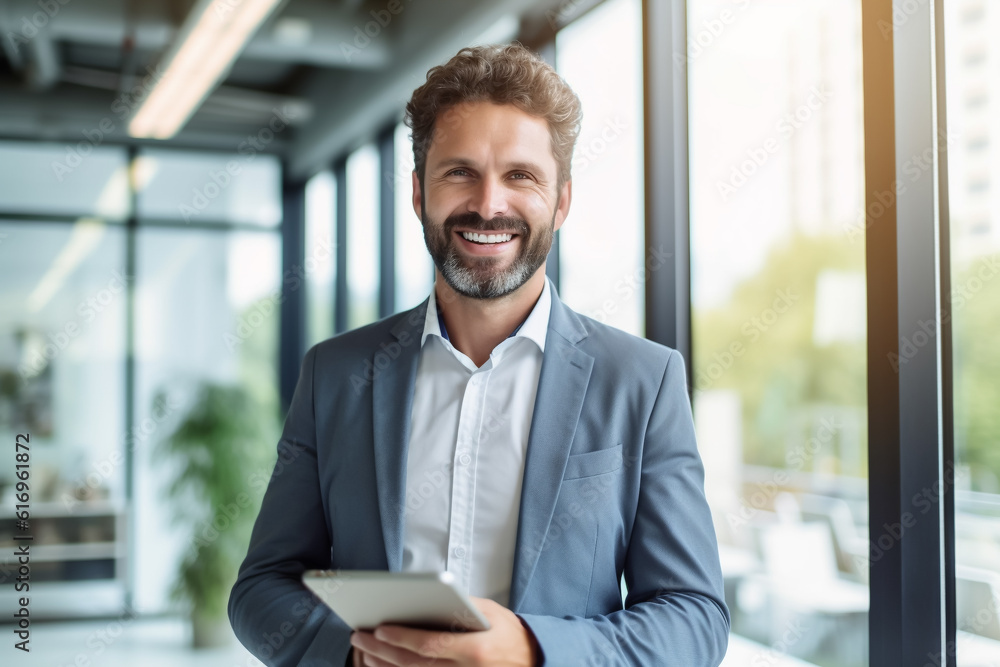 Business man with suit and tablet PC in modern office, smiling at camera - theme business, digital, vision, future - Generative AI Business man with suit and tablet PC in modern office, smiling at camera - theme business, digital, vision, future - Generative AI