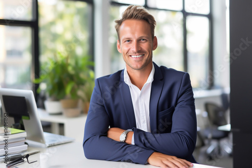 Business man with suit and tablet PC in modern office, smiling at camera - theme business, digital, vision, future - Generative AI