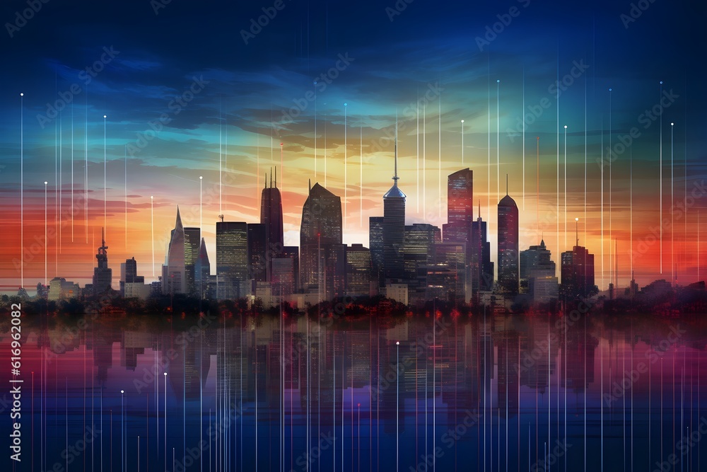 Panoramic view of a city skyline with superimposed colorful stock market graphs, illustrating the link between economy and urban development.