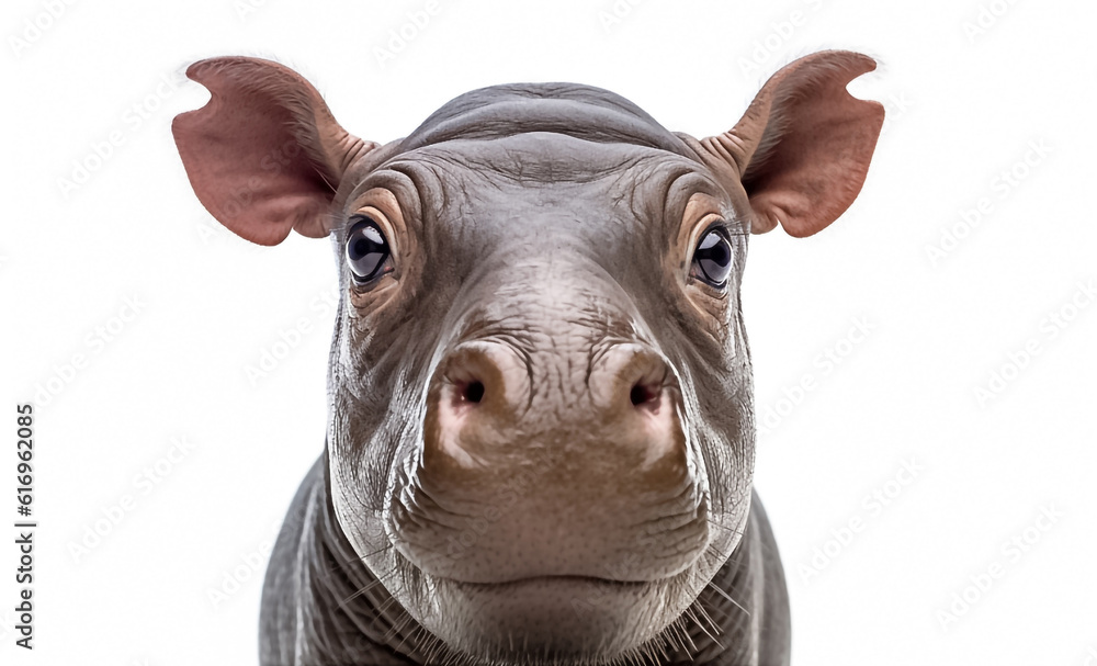 Fototapeta premium A baby hippo radiates pure joy as it stands against a white background, captivated by the mesmerizing studio light. Generative AI.