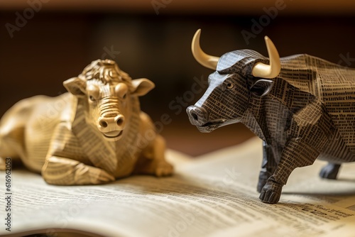 Close-up shot of a bull figurine placed on a newspaper financial page, symbolizing the market trends in stock trading.