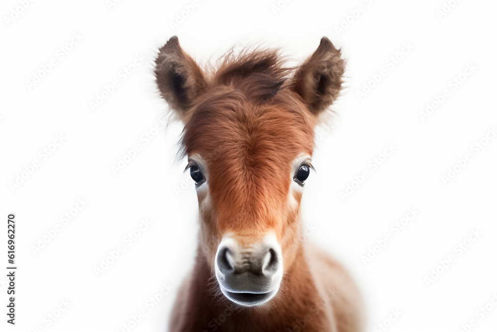 In the realm of innocence and wonder, a baby horse captivates on a white background, illuminated by the magic of studio lighting. Generative AI.