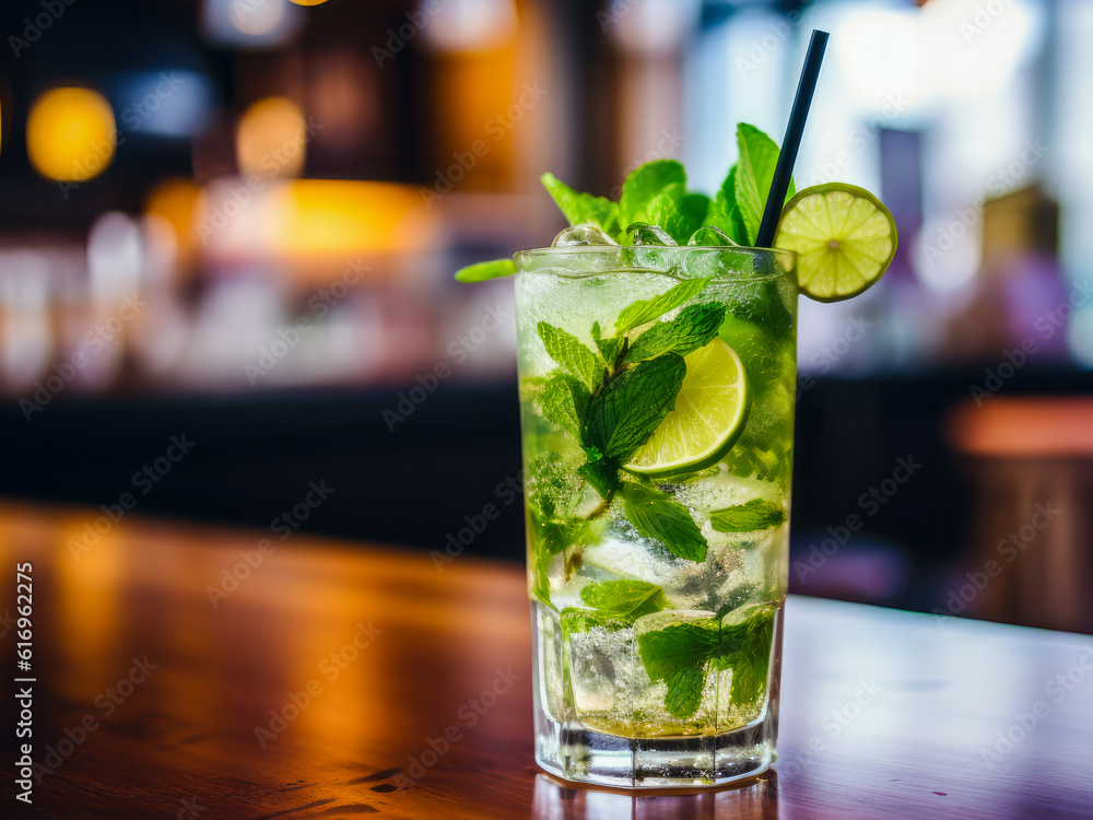 Mojito cocktail on table in luxury cafe. Generative AI Mojito cocktail on table in luxury cafe. Generative AI